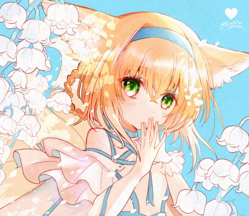 1girl animal_ear_fluff animal_ears arknights bare_shoulders blonde_hair blue_background blue_hairband blush braid braided_hair_rings clothing_cutout commentary crossed_bangs dress flower fox_ears fox_girl frilled_sleeves frills green_eyes hair_rings hairband highres lily_of_the_valley looking_at_viewer name_connection object_namesake oonohara_kenya short_sleeves shoulder_cutout single_wrist_cuff solo steepled_fingers suzuran_(arknights) upper_body white_dress wrist_cuffs