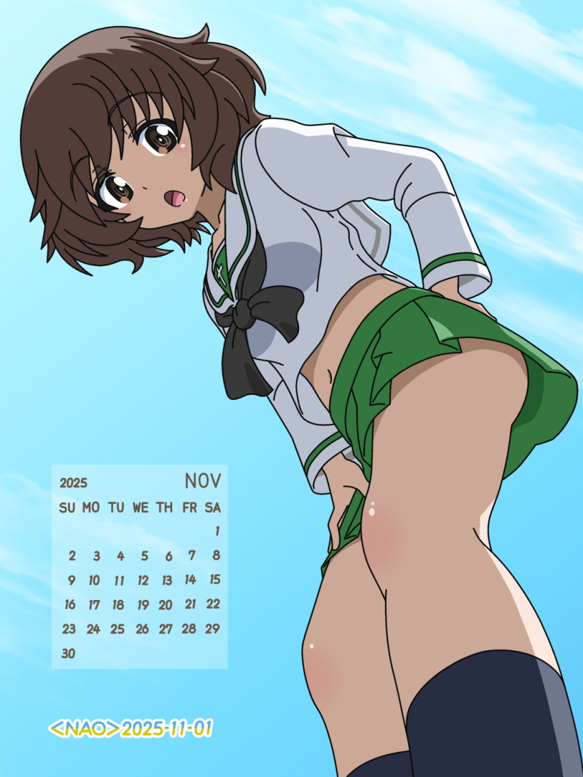 1girl akiyama_yukari ass black_socks blush breasts brown_eyes brown_hair calendar_(medium) dated girls_und_panzer green_skirt highres looking_at_viewer miniskirt naotosi navel ooarai_school_uniform open_mouth pleated_skirt school_uniform short_hair skirt sky small_breasts socks solo