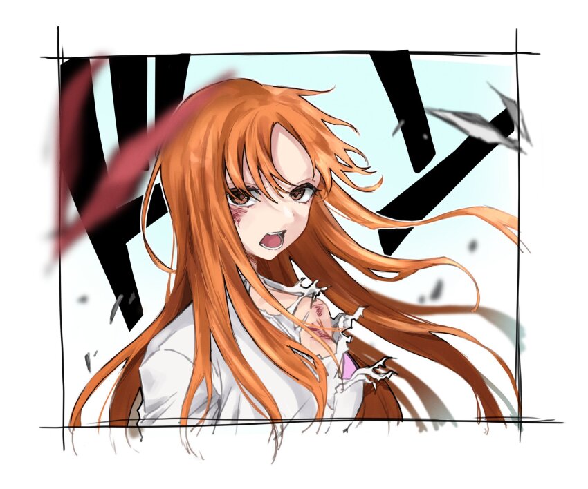 1girl 2022 angry bare_shoulders battle_damage bleach blood blouse border breasts brown_eyes highres inoue_orihime long_hair looking_at_viewer open_mouth orange_hair parted_bangs shirt shun_shun_rikka simple_background tongue torn_clothes ui_1231 upper_body wavy_hair white_border