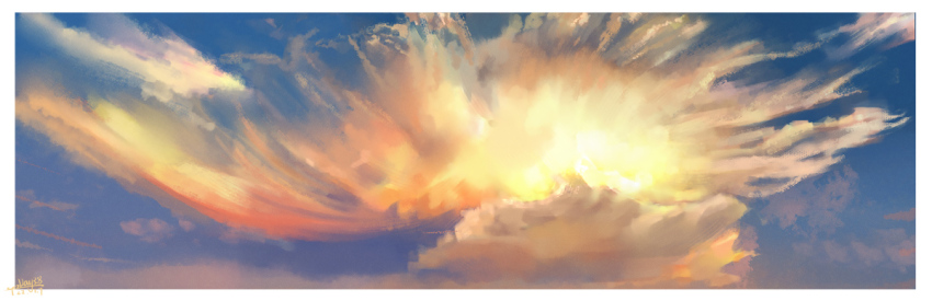 blue_sky border chinese_commentary cloud commentary_request dated no_humans original outdoors sanshui_guantang signature sky sky_focus sun sunlight sunrise white_border