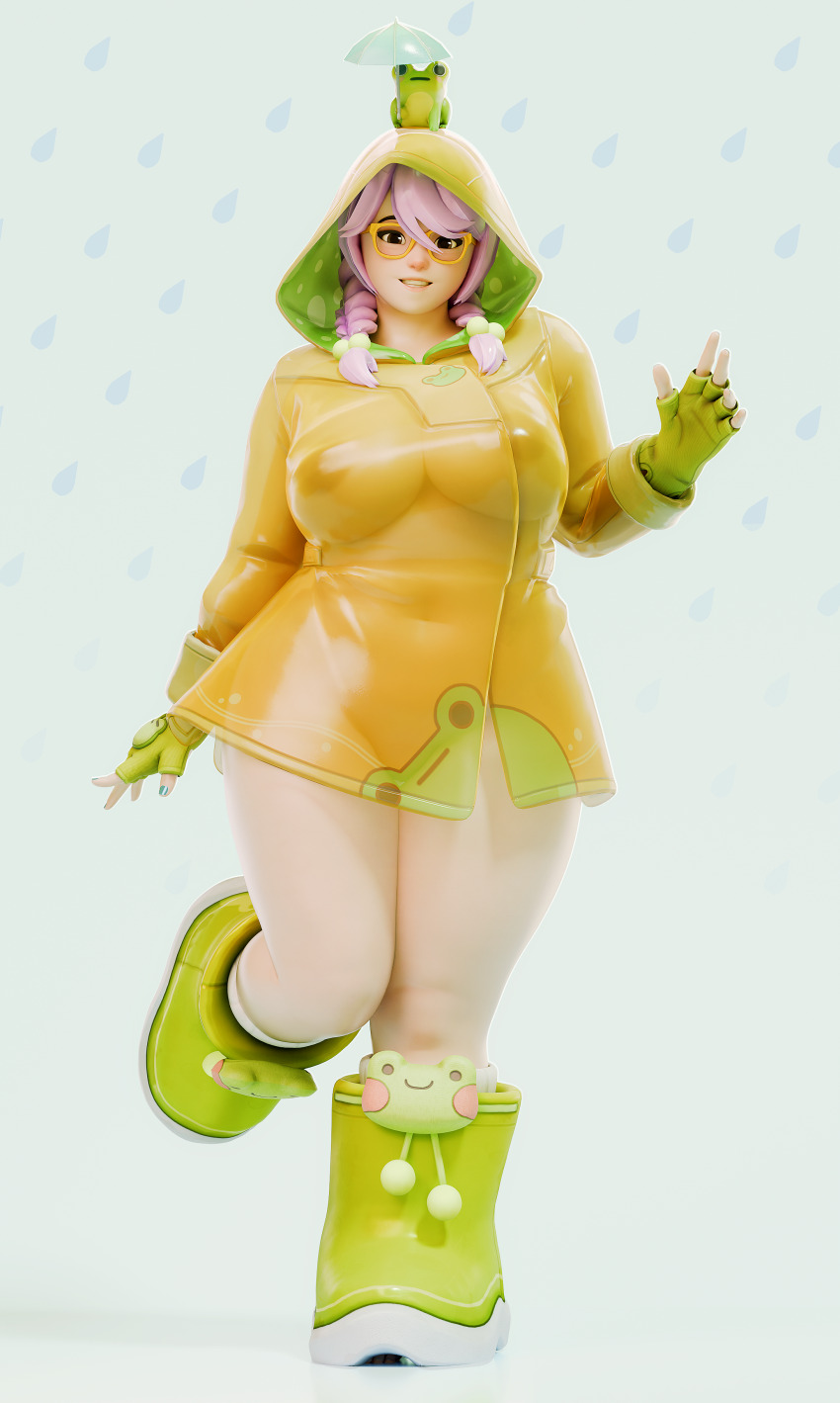 1girl 3d absurdres adapted_costume animal animal_on_head aqua_nails boots braid breasts brown_eyes fingerless_gloves frog fugtrup full_body glasses gloves green_boots green_gloves highres holding holding_umbrella hood huge_breasts large_breasts long_hair looking_at_viewer mei_(overwatch) nail_polish naked_raincoat navel nipples no_bra no_panties official_alternate_costume official_alternate_hair_color official_alternate_hairstyle on_head overwatch parted_lips pink_hair plump protected_link rain raincoat rainy_day_mei rubber_boots see-through_clothes see-through_raincoat simple_background solo thick_thighs thigh_gap thighs twin_braids umbrella water_drop yellow-framed_eyewear yellow_raincoat