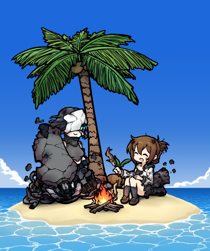 2girls abyssal_ship battle_damage black_hair bonfire brown_hair chi-class_torpedo_cruiser closed_eyes closed_mouth coconut coconut_tree commission fire fish_(food) floating_island hamu_koutarou highres inazuma_(kancolle) island kantai_collection multiple_girls open_mouth pale_skin palm_tree pixiv_commission school_uniform skirt smile tree