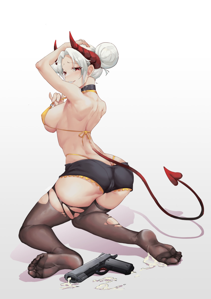 1girl absurdres artist_request ass black_thighhighs bra breasts butt_crack commission cum demon demon_girl demon_horns demon_tail feet full_body gun handgun highres horns looking_at_viewer no_shoes original panties pistol pixiv_commission red_eyes segmented_horns short_shorts shorts sideboob smile soles tail thighhighs thighs toes torn_clothes torn_legwear underwear weapon white_background white_hair yellow_bra yellow_panties