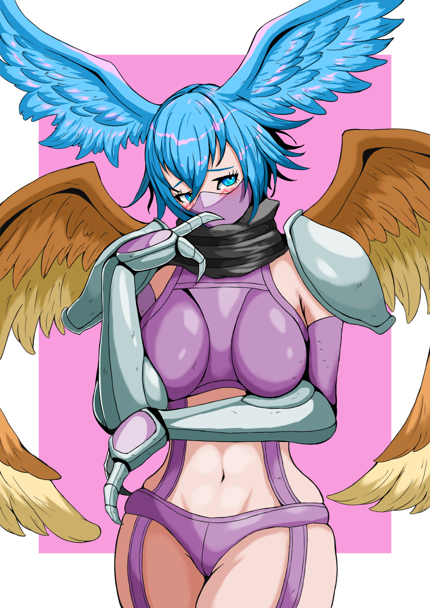 1girl absurdres armor bird_wings blue_eyes blue_hair blush breasts claw_(weapon) digimon digimon_(creature) digimon_frontier embarrassed highres looking_at_viewer mask medium_breasts mouth_mask navel ninja_mask no_humans sawa_d scarf shoulder_armor shutumon solo upper_body weapon wings