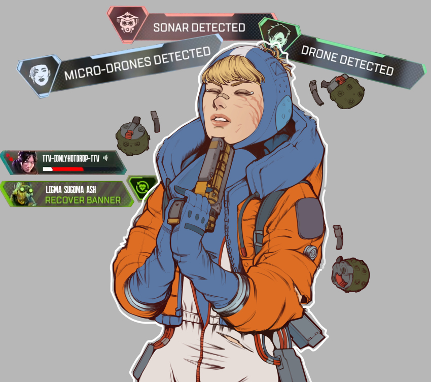1girl apex_legends b3_wingman bloodhound_(apex_legends) blue_bodysuit blush bodysuit cable closed_eyes commentary crypto_(apex_legends) english_commentary english_text explosive facial_scar gameplay_mechanics grenade gun gun_to_head handgun highres hood hood_down hood_up hooded_bodysuit hooded_jacket imminent_suicide jacket octane_(apex_legends) parted_lips revolver scar scar_on_cheek scar_on_face seer_(apex_legends) solo tmact wattson_(apex_legends) weapon white_bodysuit wraith_(apex_legends)