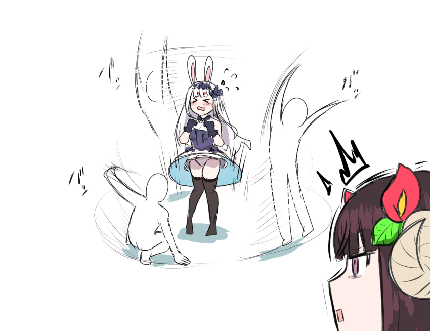 &gt;_&lt; 2girls afterimage akaoni_(zumt3548) animal_ears azur_lane black_dress black_gloves black_thighhighs blunt_bangs brown_eyes brown_hair curled_horns dress gloves hair_ornament hikimayu horns leaf_hair_ornament long_hair multiple_girls official_alternate_costume open_mouth panties rabbit_ears rabbit_girl shimakaze_(azur_lane) shimakaze_(the_white_rabbit_of_wonderland)_(azur_lane) skirt skirt_flip sleeveless sleeveless_dress striped_clothes striped_panties suruga_(azur_lane) thighhighs underwear white_hair