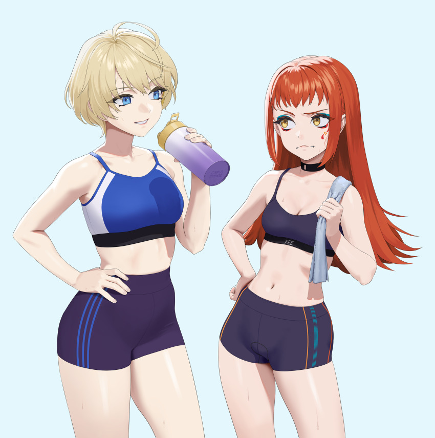 2girls absurdres ahoge bare_arms bare_shoulders bike_shorts black_choker black_shorts black_sports_bra blonde_hair blue_eyes blue_sports_bra bottle breasts carlo_montie choker cleavage closed_mouth collarbone commission contemporary cowboy_shot eye_contact eyeshadow facepaint fire_emblem fire_emblem_engage hand_on_own_hip highres holding holding_bottle long_hair looking_at_another makeup medium_breasts merrin_(fire_emblem) multiple_girls navel nintendo panette_(fire_emblem) parted_lips red_hair shorts simple_background small_breasts smile sports_bra sweat towel_on_one_shoulder v-shaped_eyebrows white_background yellow_eyes
