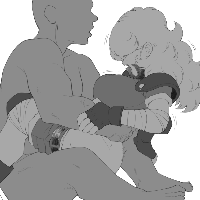 1boy 1girl absurdres armor bandaged_hand bandages bar_censor belt black_belt black_gloves breasts censored clothed_female_nude_male clothed_sex clothes_pull curly_hair cyrano_(aazzss3) dragon_ball dragon_ball_(classic) faceless faceless_male fingerless_gloves from_side fur-trimmed_shorts fur-trimmed_sleeves fur_trim gloves greyscale hands_on_another&#039;s_arm hands_on_another&#039;s_waist highres husky_(dragon_ball) implied_rape knee_guards large_breasts long_hair monochrome motion_lines nude open_mouth sex short_shorts short_sleeves shorts shorts_pull shoulder_armor simple_background solo_focus sweat veins veiny_arms veiny_hands white_background