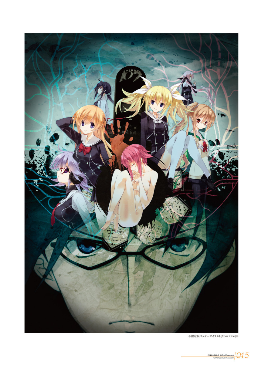 1boy 6+girls ahoge arimura_hinae black_dress black_hair black_ribbon blonde_hair blue_eyes blue_hair bow bowtie breasts brown_hair buttons chaos;child chest_bow cleavage closed_eyes collarbone cropped_jacket double-breasted dress ears_visible_through_hair floating_hair glasses hair_between_eyes hair_bow hair_ribbon hand_in_own_hair headphones hekiho_academy hekiho_academy_school_uniform high_collar highres holding jacket kazuki_hana kunosato_mio kurusu_nono lab_coat loafers long_hair looking_at_viewer looking_up medium_breasts minamisawa_senri miyashiro_takuru multiple_girls multiple_hair_bows necktie non-web_source nude official_art onoe_serika pink_hair pleated_dress ponytail purple_eyes purple_hair red_bow red_bowtie red_eyes red_necktie red_ribbon ribbon sailor_collar sasaki_mutsumi school_uniform shibuya_(tokyo) shibuya_109 shirt shoes short_dress short_hair short_hair_with_long_locks side_ponytail sidelocks small_breasts split_mouth thighhighs tokyo_(city) twintails very_long_hair white_bow white_ribbon white_sailor_collar white_thighhighs yamazoe_uki zettai_ryouiki