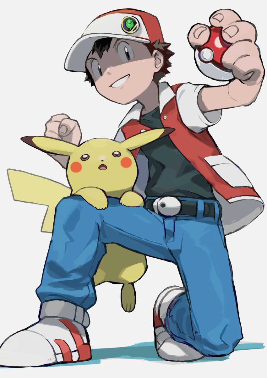 1boy baseball_cap belt belt_buckle black_shirt blue_pants buckle clenched_hand clenched_teeth donnpati gen_1_pokemon hat highres holding holding_poke_ball jacket kneeling looking_at_viewer male_focus nintendo on_one_knee pants pikachu poke_ball poke_ball_(basic) pokemon pokemon_(creature) pokemon_on_leg pokemon_rgby red_(pokemon) shirt shoes short_hair short_sleeves teeth white_footwear