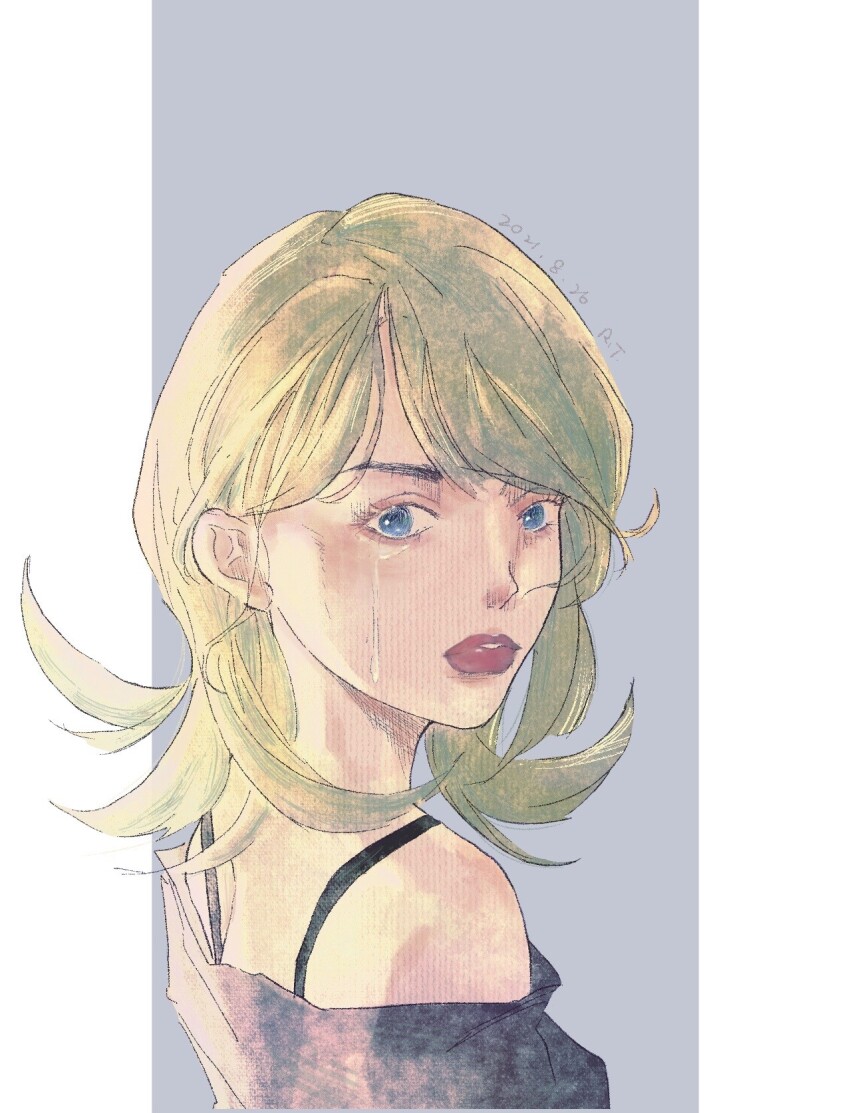 1girl blonde_hair blue_eyes commentary cropped_torso english_commentary gensou_getsumen_rt highres jojo_no_kimyou_na_bouken long_hair looking_at_viewer lucy_steel shirt solo steel_ball_run strapless strapless_shirt tears