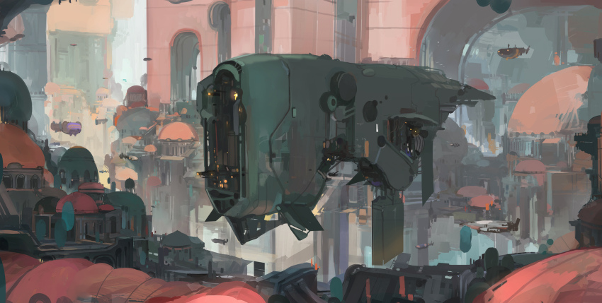 aircraft building city cityscape dlkdhy highres no_humans original outdoors scenery science_fiction spacecraft vehicle_focus