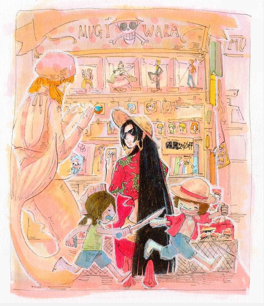 1boy 3girls ^_^ black_hair blue_shorts boa_hancock child closed_eyes commentary earrings english_commentary fengcheche figure hat highres holding holding_sword holding_weapon jewelry jolly_roger long_hair mermaid monkey_d._luffy monster_girl multiple_girls nami_(one_piece) one_piece red_shirt red_skirt roronoa_zoro running sanji_(one_piece) shirt shorts skirt snake_earrings squatting straw_hat straw_hats_jolly_roger sunglasses sword tony_tony_chopper twintails usopp weapon weapon_in_mouth
