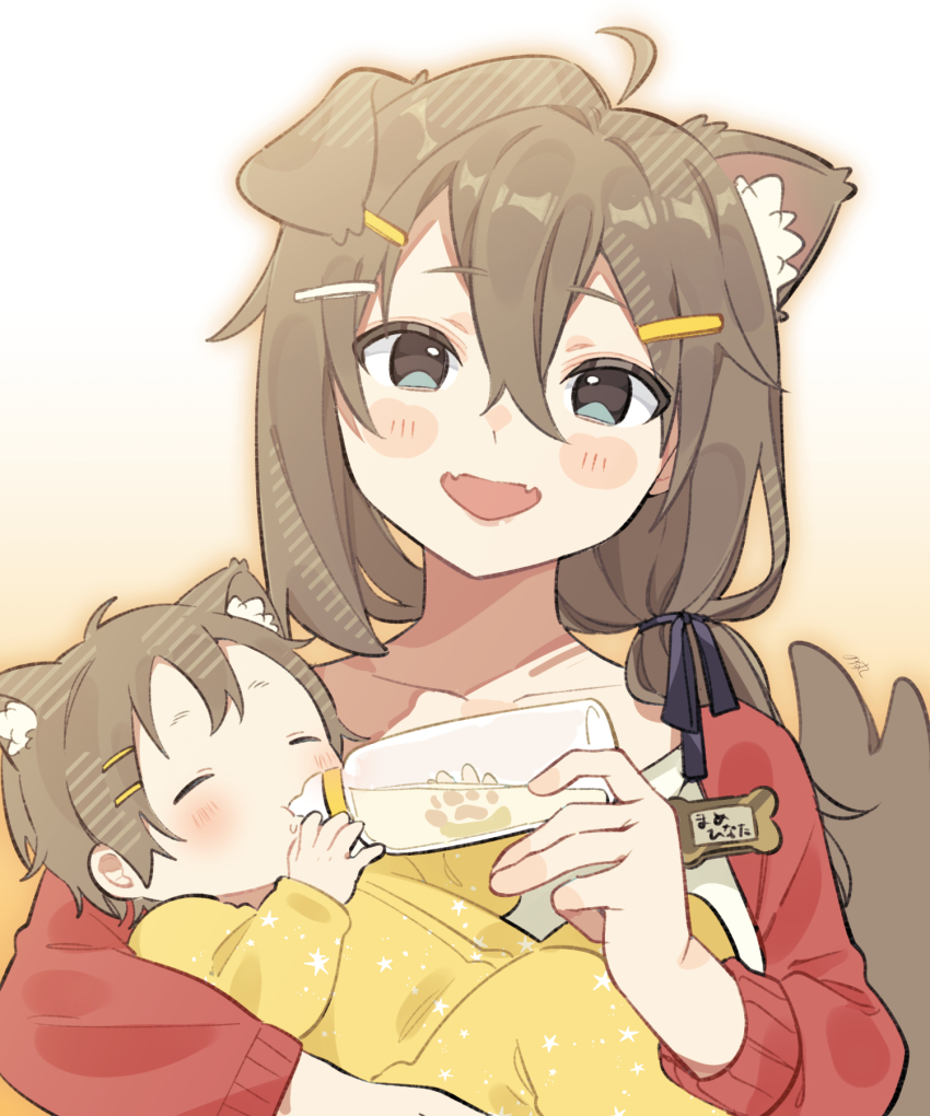 1boy 1girl :d ahoge animal_ear_fluff animal_ears baby blue_eyes blush_stickers brown_hair carrying carrying_baby carrying_person closed_eyes collarbone commentary_request dog_ears dog_girl dog_tail double-parted_bangs fangs feeding hair_between_eyes hair_ornament hairclip highres long_hair long_sleeves looking_at_viewer mamehinata mother_and_son notamaru_2 open_mouth raglan_sleeves red_sleeves shirt skin_fangs smile tail vrchat white_shirt yellow_shirt