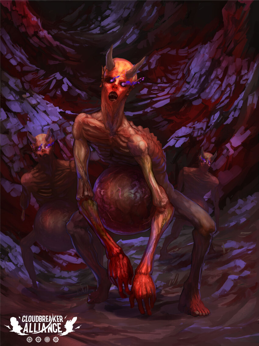 absurdres barefoot cloudbreaker_alliance colored_skin demon demon_horns fantasy highres horns leaning_forward monster official_art open_mouth purple_eyes red_skin tagme yumo80295386