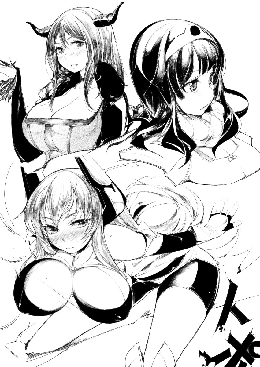 10s 2girls absurdres arihara_yuuna_(hanauna) bad_id bad_pixiv_id breasts chunsoft cleavage dragon_quest dragon_quest_iii enix greyscale heroine_(dq3) highres huge_breasts maou_(maoyuu) maoyuu_maou_yuusha monochrome multiple_girls sketch topo_(bacchustab) topo_bevitore
