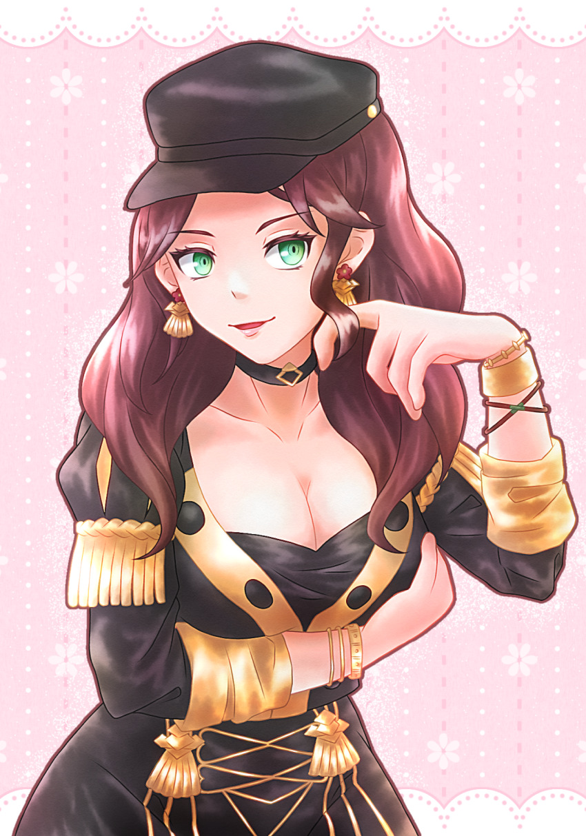 1girl arm_under_breasts artist_name black_choker black_hat breasts brown_hair choker cleavage collarbone dorothea_arnault earrings fire_emblem fire_emblem:_three_houses green_eyes hat highres jewelry large_breasts leaning_forward long_hair nintendo open_mouth peaked_cap pink_background smile solo standing twitter_username wai_power wavy_hair