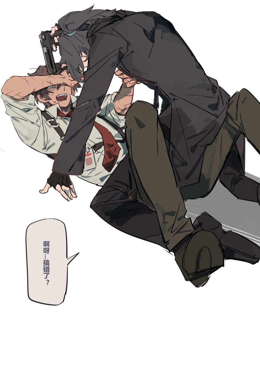 2boys at_gunpoint black_coat black_footwear black_gloves black_hair black_pants boy_on_top chinese_commentary chinese_text coat collared_shirt fingerless_gloves foot_out_of_frame full-stop_office_(identity)_(project_moon) gloves gun hand_on_another&#039;s_chest heathcliff_(project_moon) high_ponytail highres holding holding_gun holding_weapon hong_lu_(project_moon) id_card itokenaikei limbus_company long_hair looking_at_another lying male_focus multiple_boys necktie on_back open_mouth pants ponytail project_moon purple_eyes red_necktie scar scar_on_arm scar_on_face shirt shoes short_hair sweatdrop teeth weapon white_shirt yaoi