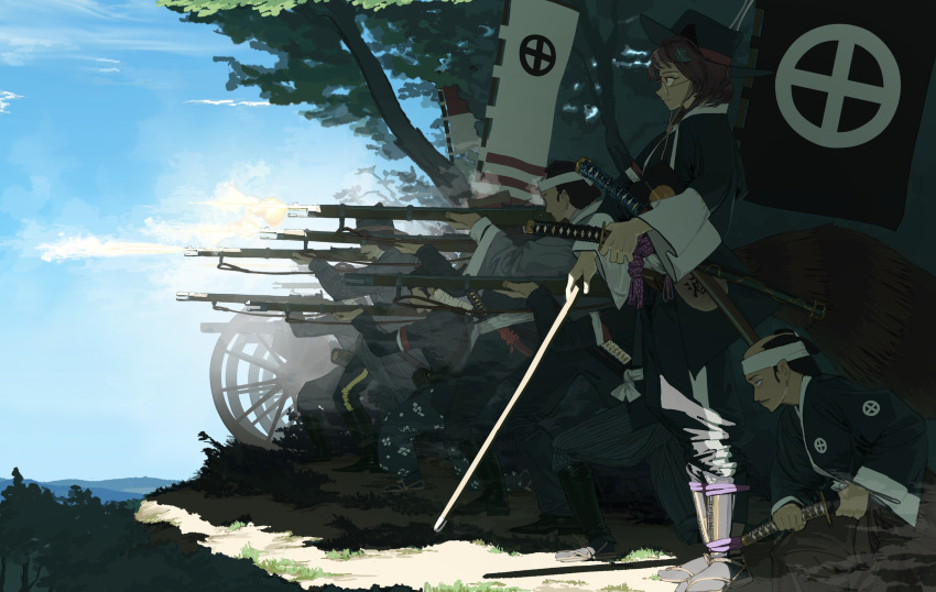1girl aiming ammunition_pouch animal_ears antique_cannon antique_firearm armor banner belt black_footwear black_hair blue_sky boots boshin_war brown_eyes brown_hair bush cannon chonmage closed_mouth cloud commentary_request day facial_hair firearm firelock firing flag flintlock forest from_side futatsuiwa_mamizou glasses grass gun gun_sling gunbai hachimaki hand_fan hat headband highres holding holding_gun holding_sheath holding_sword holding_weapon japanese_armor japanese_clothes katana leaf leaf_on_head long_sleeves looking_ahead military multiple_boys musket mustache muzzle_flash nature outdoors paper_fan pouch pzkpfwi raccoon_ears raccoon_girl raccoon_tail sash sashimono scabbard sheath sheathed short_hair sky suneate sunlight sword tail tanuki topknot touhou tree uniform war_fan weapon white_headband white_sash wide_sleeves