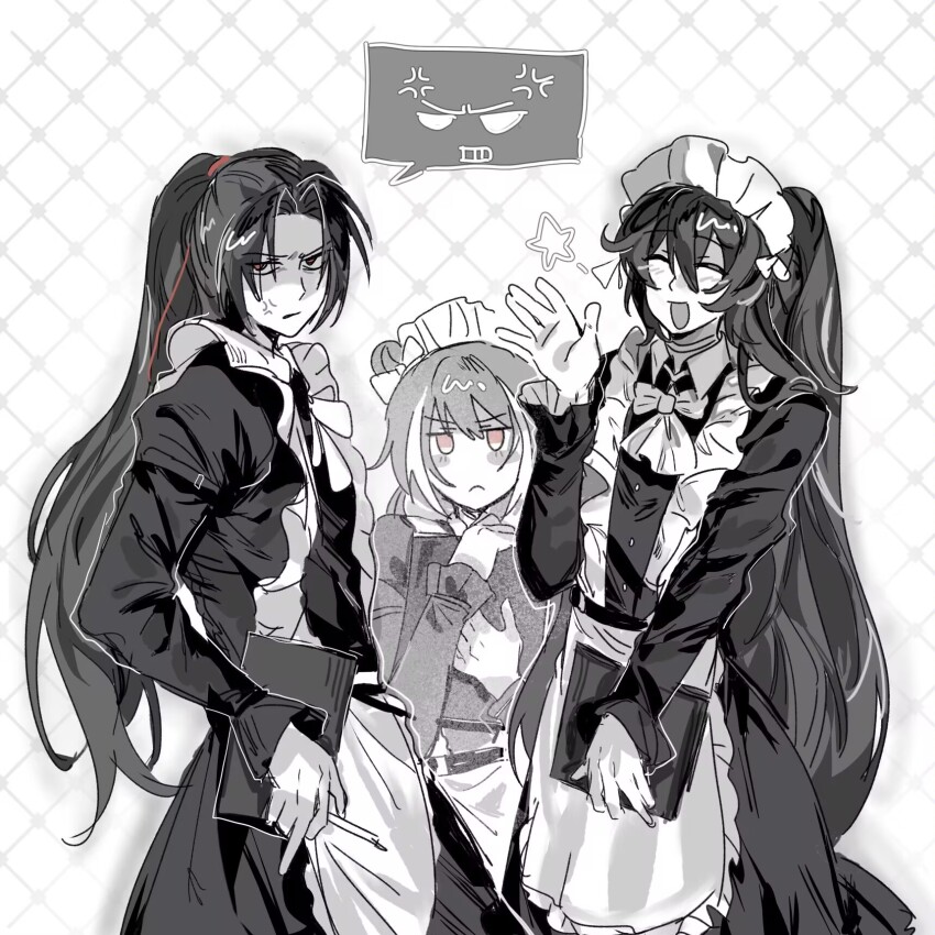 1girl 2boys anger_vein angry apron bow bowtie cowboy_shot dress frilled_apron frilled_dress frills greyscale highres holding holding_menu hong_lu_(project_moon) jia_huan_(project_moon) jia_xichun_(project_moon) limbus_company long_hair long_sleeves maid maid_apron maid_headdress menu monochrome multiple_boys open_mouth parted_bangs ponytail project_moon red_eyes simple_background smile spot_color very_long_hair wrong5166