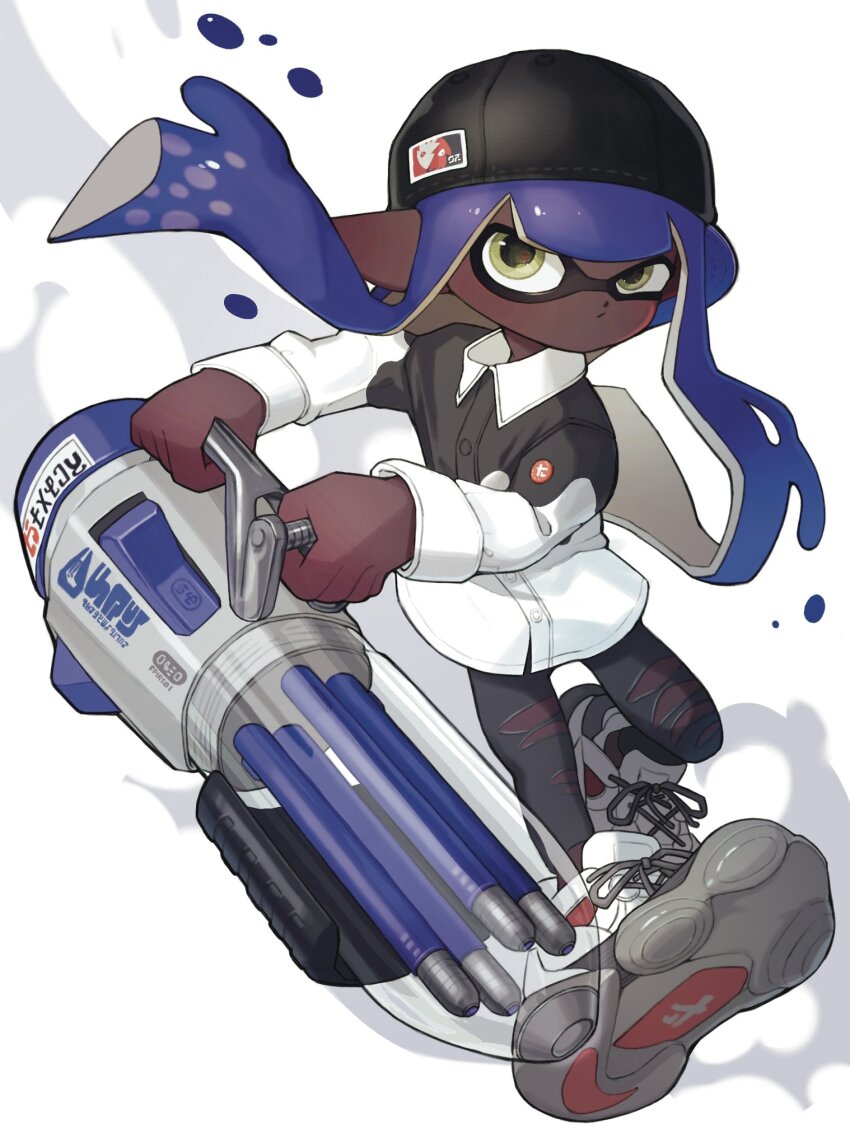 1girl ballpoint_splatling_(splatoon) baseball_cap black_hat black_pants black_shirt blue_hair buttons collared_shirt commentary cross-laced_footwear dark-skinned_female dark_skin full_body grey_shoes gun hat highres holding holding_gun holding_weapon inkling inkling_girl inkling_player_character long_hair nintendo pants pointy_ears shirt shoes simple_background solo splatoon_(series) splatoon_3 tentacle_hair torn_clothes torn_pants two-tone_shirt weapon white_background white_shirt white_shoes yattpki3wfyvsm5 yellow_eyes