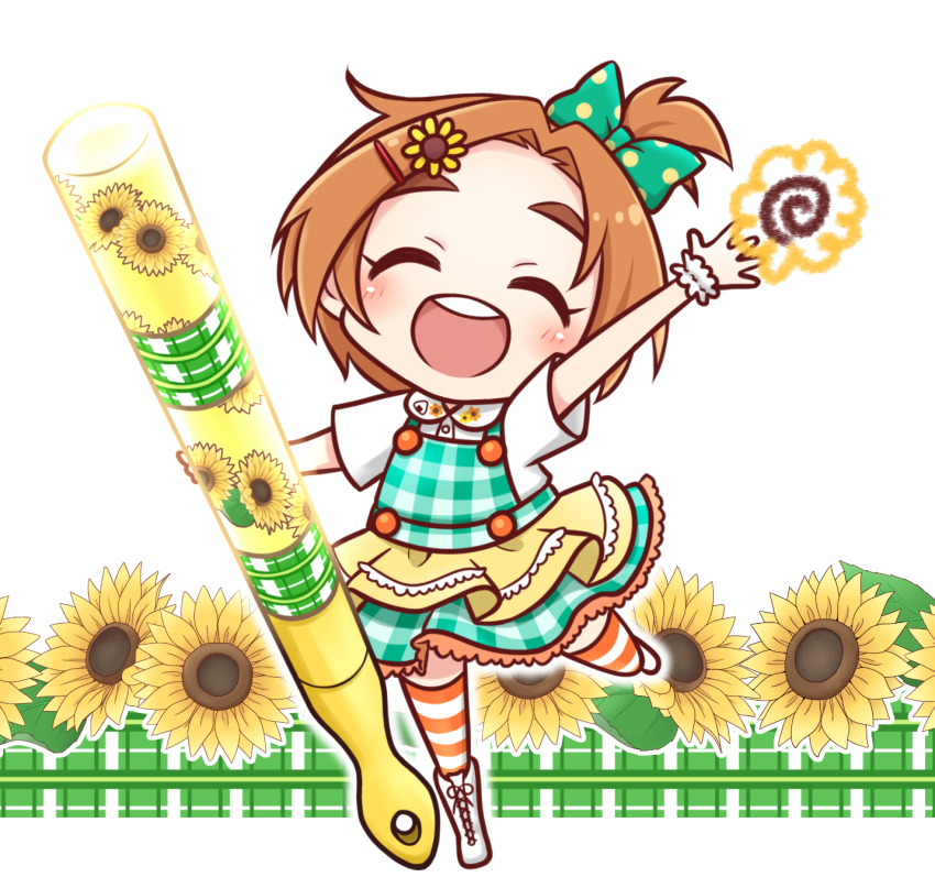 1girl chibi child closed_eyes flat_chest flower hair_flower hair_ornament highres holding idolmaster idolmaster_cinderella_girls maka073 open_mouth ryuzaki_kaoru solo standing standing_on_one_leg sunflower sunflower_hair_ornament teeth thighhighs upper_teeth_only