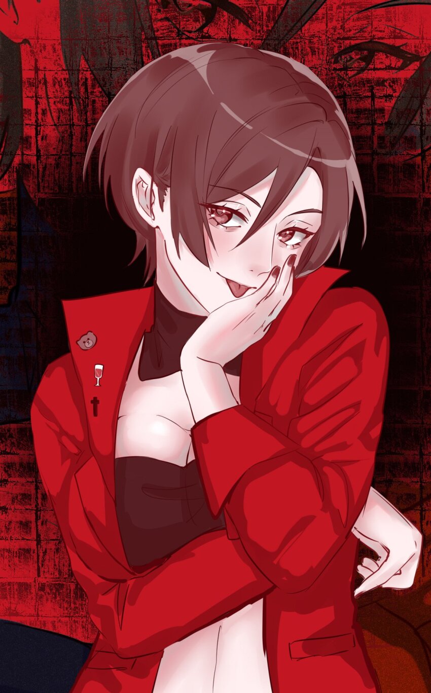 akujiki_musume_conchita_(vocaloid) badge bear black_tube_top breasts brown_eyes brown_hair cheek_rest cleavage collared_jacket cross crossed_arms detached_collar evillious_nendaiki glass_of_conchita half-closed_eyes hand_on_own_cheek hand_on_own_face head_tilt highres jacket large_breasts master_of_the_graveyard_(vocaloid) meiko_(vocaloid) midriff moonlit_bear_(vocaloid) pocket red_background red_nails red_theme short_hair songover strapless swept_bangs tongue tongue_out translated tube_top vocaloid yuichiromii