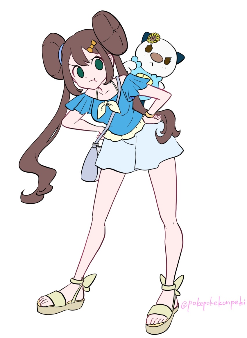 1girl :&lt; alternate_costume blue_shirt bow breasts brown_hair donut_hair_bun double_bun flower flower_on_head freckles frilled_sleeves frills gen_5_pokemon green_eyes hair_bun hair_flower hair_ornament hands_on_own_hips highres leaning_forward long_hair medium_breasts nintendo no_pupils off-shoulder_shirt off_shoulder on_shoulder oshawott pokemon pokemon_(creature) pokemon_bw2 pokemon_on_shoulder pokepokekonpeki pose_imitation pout rosa_(pokemon) sandals shirt shorts solid_oval_eyes sunflower twintails v-shaped_eyebrows