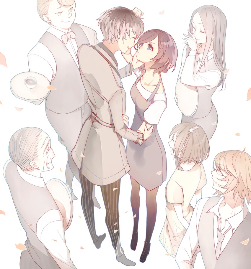 10s 3girls 4boys ayatoki-1 bad_id bad_pixiv_id black_hair blue_eyes bow bowtie brown_hair fueguchi_hinami glasses highres irimi_kaya kaneki_ken kirishima_touka koma_enji md5_mismatch multicolored_hair multiple_boys multiple_girls necktie nishio_nishiki pantyhose petals sasaki_haise short_hair smile tokyo_ghoul tokyo_ghoul:re tray vest waiter waitress yoshimura_(tokyo_ghoul)