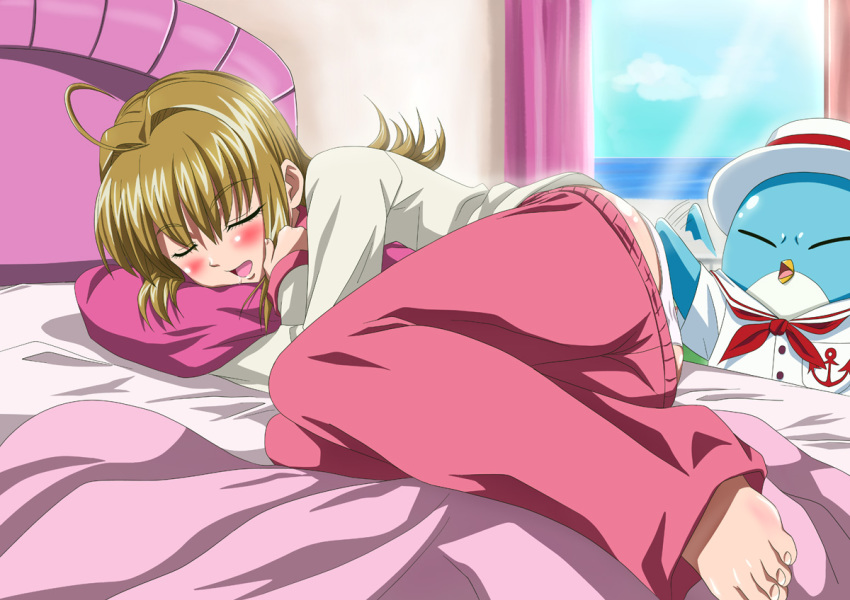 00s 1girl ankoku_tiger ass barefoot bird blonde_hair closed_eyes clothes_pull feet foreshortening hippo_(mermaid_melody_pichi_pichi_pitch) mermaid_melody_pichi_pichi_pitch nanami_lucia official_style pajamas panties pants pants_pull pantyshot penguin short_hair sleeping spanked spanking underwear