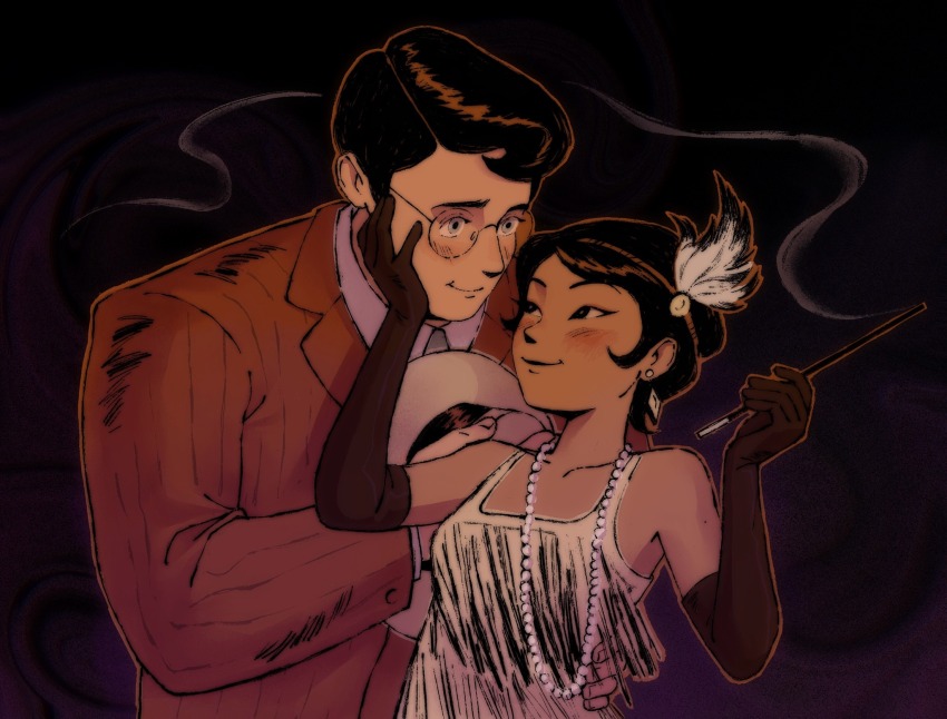 1boy 1girl black_background black_gloves black_hair blazer blue_eyes blush brown_eyes cigarette_holder clark_kent collared_shirt d-e-r-i dc_comics earrings elbow_gloves feather_hair_ornament feathers flapper_girl glasses gloves hair_ornament hand_on_another&#039;s_cheek hand_on_another&#039;s_face hat highres jacket jewelry lois_lane my_adventures_with_superman necklace necktie pearl_necklace procreate_(medium) shirt short_hair smile smoke superman_(series) unworn_hat unworn_headwear