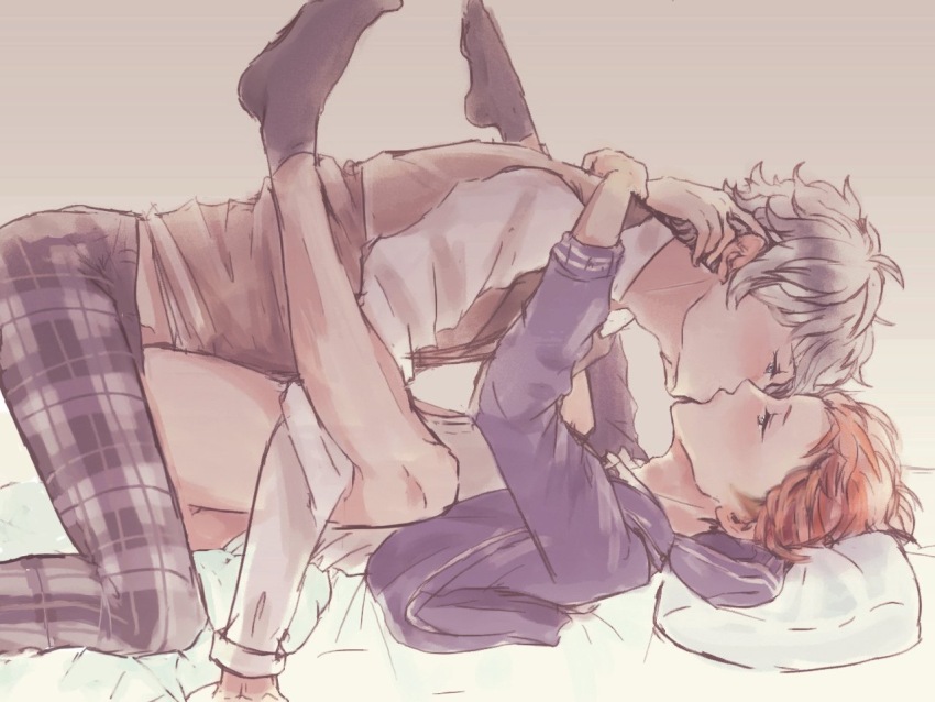 2boys anal arms_around_another&#039;s_neck bad_id bad_pixiv_id bottomless clothed_sex dress_shirt ensemble_stars! eye_contact green_eyes grey_hair hood hoodie kiss legs_up looking_at_another male_focus male_penetrated missionary multiple_boys pants red_hair sena_izumi_(ensemble_stars!) sex shirt socks tagme tsukinaga_leo uqkure vest yaoi