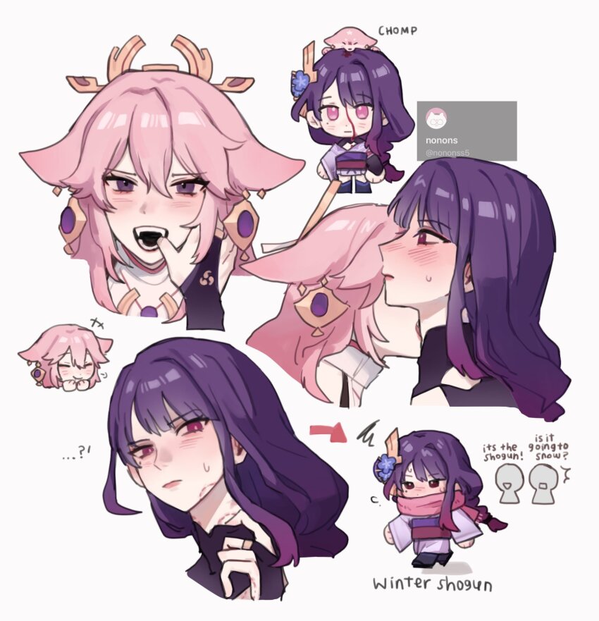 ...? 2girls animal animal_ears animal_on_head bite_mark bleeding blood blush bridal_gauntlets chibi closed_eyes closed_mouth finger_in_another&#039;s_mouth genshin_impact highres long_hair mole mole_under_eye multiple_girls nonons on_head open_mouth pink_hair purple_hair raiden_shogun scarf teeth yae_miko yae_miko_(fox) yuri