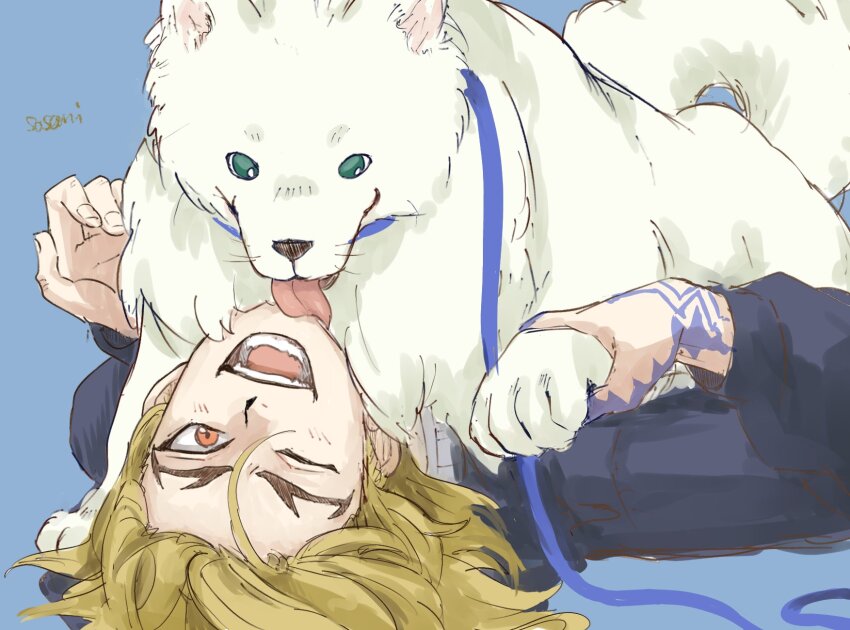 1boy animal blonde_hair blue_background dog dr._stone hand_tattoo highres jacket leash licking licking_another&#039;s_face long_sleeves lying male_focus nanami_ryuusui on_back one_eye_closed open_mouth simple_background smile tattoo teeth tongue zatt_1