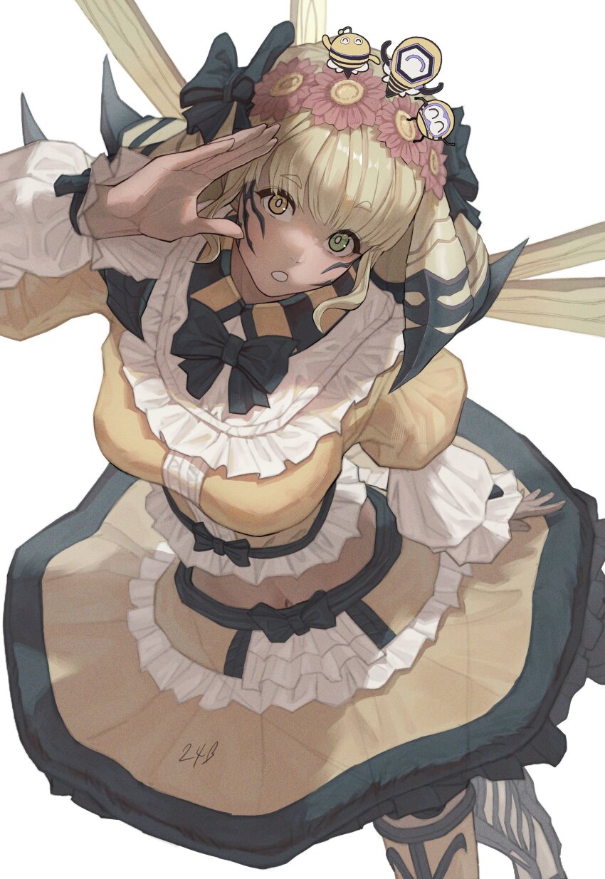1girl :o absurdres arthropod_girl bee_girl bee_wings bimel_isabella black_bow black_bowtie blonde_hair bow bowtie bright_pupils facial_mark final_fantasy final_fantasy_xiv flower frilled_shirt frilled_skirt frills from_above green_eyes hair_bow hair_flower hair_ornament hand_up heterochromia highres honey_b._lovely hyur insect_girl insect_wings looking_at_viewer medium_hair multicolored_hair shirt simple_background skirt solo standing two-tone_hair white_background white_pupils wings yellow_eyes yellow_shirt yellow_skirt yellow_wings