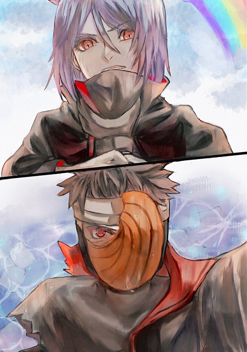 1boy 1girl akatsuki_(naruto) black_gloves black_hair cherrynouka3 cloud fighting gloves highres konan_(naruto) mask masked_madara naruto_(series) naruto_shippuuden orange_eyes outdoors purple_hair rainbow short_hair strangling tobi_(naruto) uchiha_obito