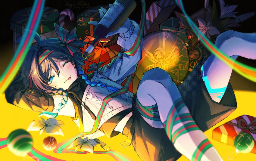 1boy absurdres alternate_costume androgynous aqua_eyes aqua_hair artist_name barbatos_(genshin_impact) black_hair blush bottle bound bow braid cecilia_flower_(genshin_impact) christmas christmas_ornaments christmas_present dated drunk flower genshin_impact gift gradient_hair highres holding holding_bottle leg_tattoo legs legs_up lying male_focus multicolored_hair muxi297 on_back one_eye_closed open_gift ribbon short_hair_with_long_locks shorts side_braids statue_of_the_seven sweater tattoo tied_up_(nonsexual) tongue tongue_out twin_braids venti_(genshin_impact) white_flower wine_bottle