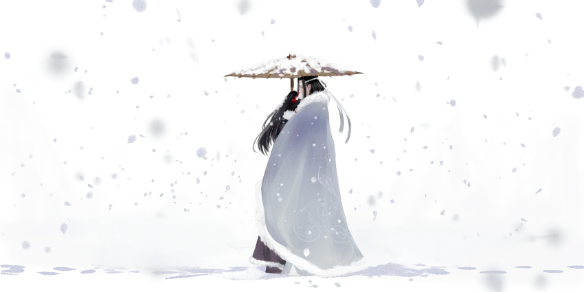 2boys black_boots black_cloak black_hair boots cloak closed_eyes commentary_request fur-trimmed_cloak fur_trim grey_cloak headband high_ponytail highres holding holding_umbrella hug lan_wangji long_hair male_focus modao_zushi multiple_boys oil-paper_umbrella outdoors ponytail snow snowing standing umbrella wei_wuxian white_headband xianduguaitan