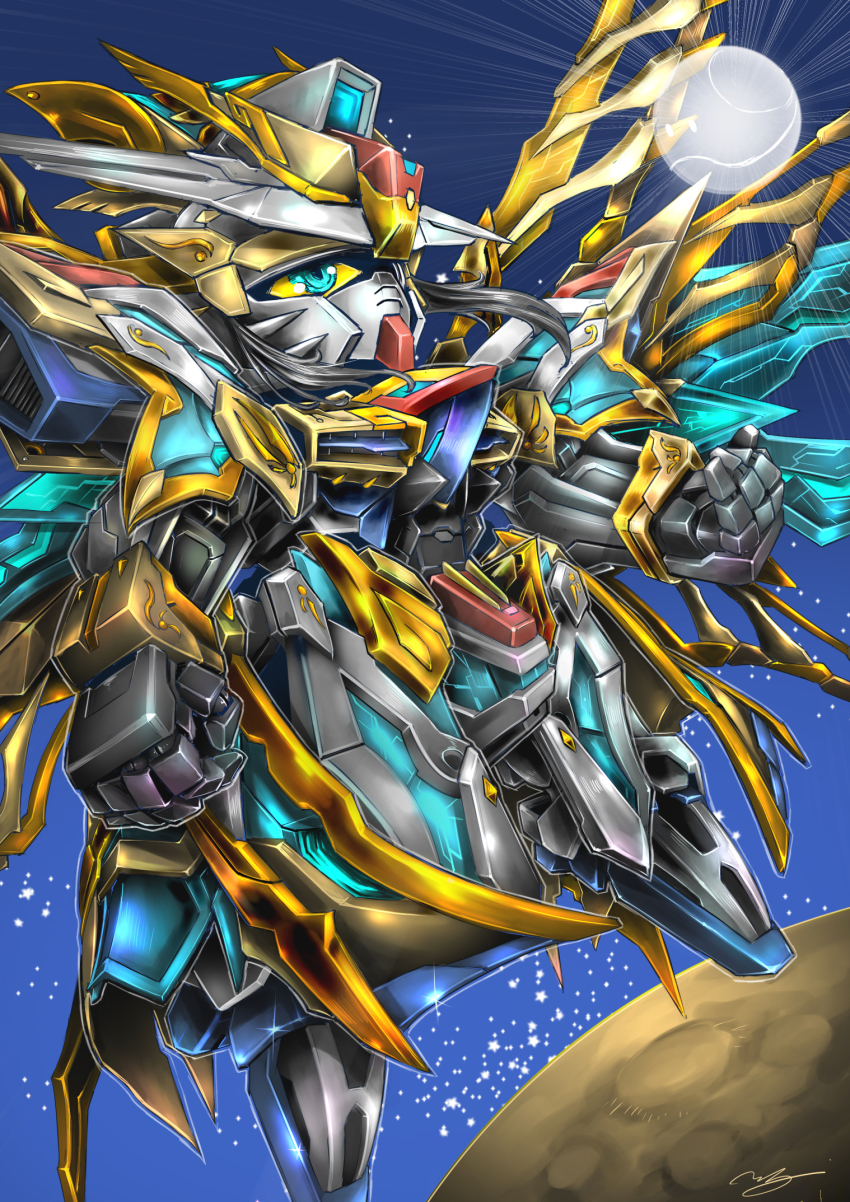 blue_eyes clenched_hand colored_sclera denjyou23 floating gundam haro highres leaning_back looking_up mecha moon no_humans robot sd_gundam sd_gundam_world_heroes signature solo strike_freedom_gundam v-fin yellow_sclera zhuge_liang zhuge_liang_freedom_gundam