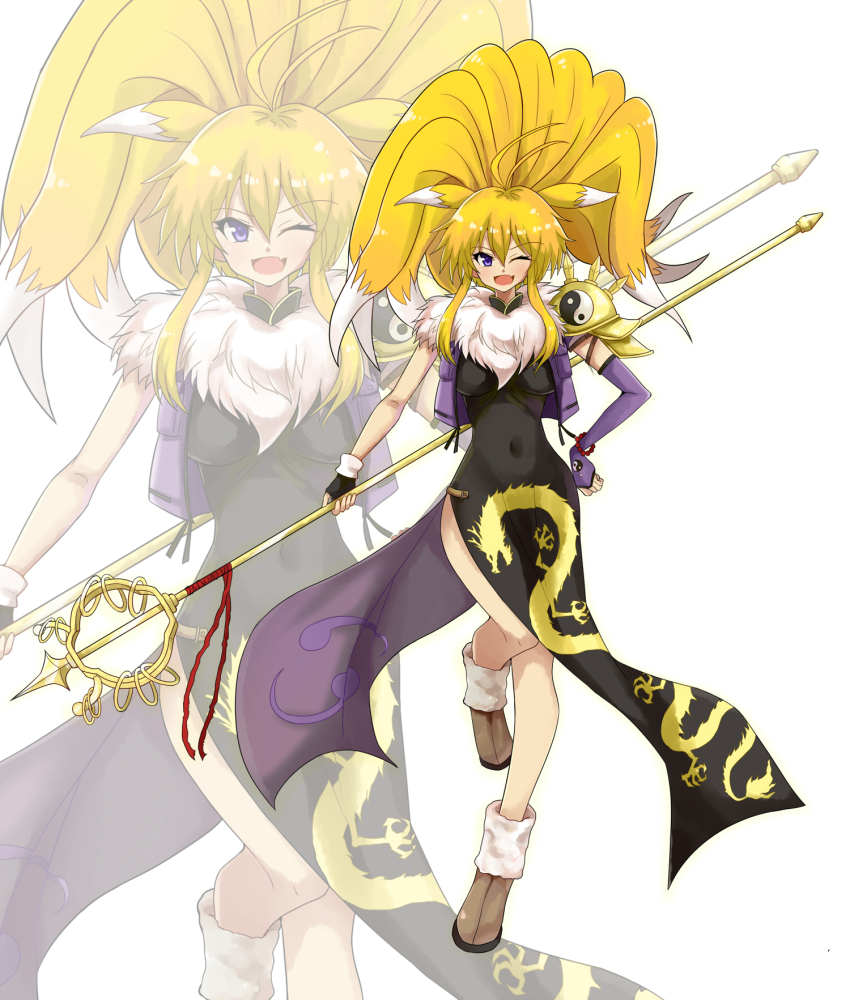 digimon digimon_(creature) fusion highres looking_at_viewer namco_x_capcom one_eye_closed renamon sakuyamon tight_clothes wink xiaomu yin_yang
