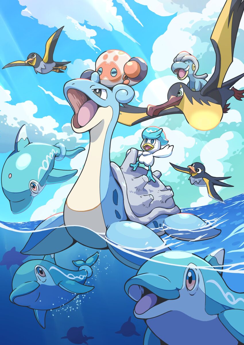 absurdres bagon bright_pupils clobbopus cloud commentary_request day finizen gen_1_pokemon gen_3_pokemon gen_8_pokemon highres kilowattrel lapras nintendo no_humans open_mouth outdoors partially_underwater_shot pokemon pokemon_(creature) pokemon_focus q-chan quaxly riding riding_pokemon silhouette sky tongue water wattrel