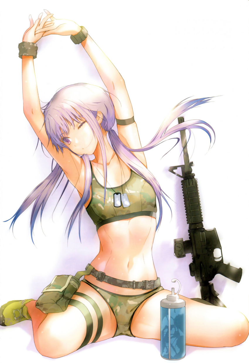 1girl absurdres armband armpits arms_up assault_rifle bottle breasts camouflage collarbone dog_tags female_focus fuyuno_haruaki gun highres long_hair low_twintails midriff navel one_eye_closed purple_eyes purple_hair rifle scan sitting small_breasts solo sports_bra stretching thigh_strap twintails wariza water_bottle weapon wink woodland_camouflage wristband