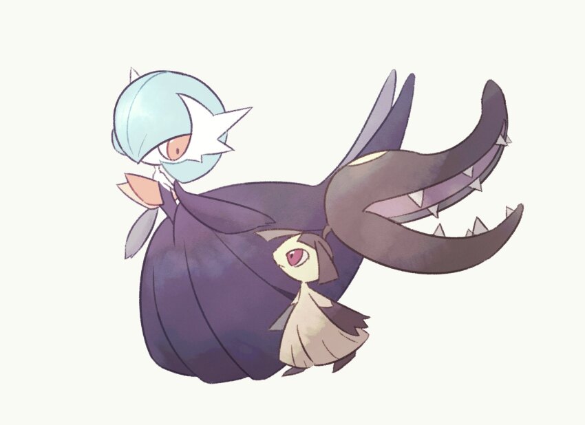 alternate_color black_dress black_gloves colored_skin dress elbow_gloves extra_mouth fangs fireblast gardevoir gen_3_pokemon gloves highres mawile mega_gardevoir mega_pokemon nintendo orange_eyes pokemon pokemon_(creature) second-party_source shiny_pokemon simple_background white_skin yellow_skin
