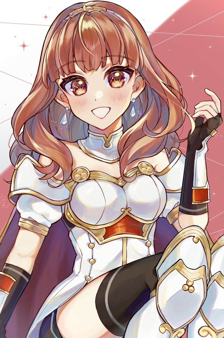 1girl armor black_skirt black_thighhighs breastplate breasts cape celica_(fire_emblem) choker cleavage dress earrings fingerless_gloves fire_emblem fire_emblem_echoes:_shadows_of_valentia gloves highres higuluma jewelry leg_armor long_hair medium_breasts nintendo princess red_eyes red_hair skirt smile thighhighs tiara white_armor white_dress