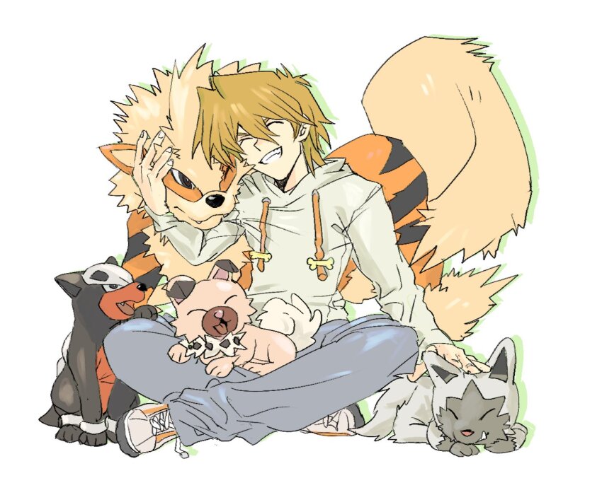 1boy arcanine black_fur blonde_hair blue_pants body_fur brown_fur closed_eyes commentary crossover dog english_commentary gen_1_pokemon gen_2_pokemon gen_3_pokemon gen_7_pokemon grey_fur hood hoodie houndour jonouchi_katsuya nintendo orange_fur pants petting pokemon pokemon_(creature) poochyena rime15835042 rockruff short_hair simple_background white_background white_hoodie yu-gi-oh! yu-gi-oh!_duel_monsters