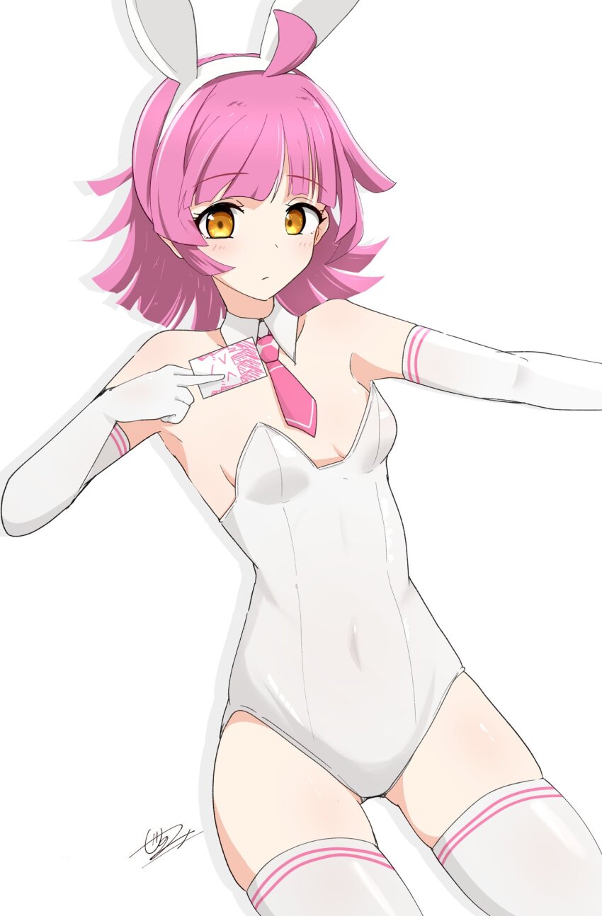 1girl ahoge animal_ears armpits bare_shoulders blunt_bangs blunt_ends blush breasts card commentary covered_navel cowboy_shot detached_collar elbow_gloves expressionless fake_animal_ears gloves gluteal_fold highres holding holding_card leotard looking_at_viewer love_live! love_live!_nijigasaki_high_school_idol_club medium_hair necktie pink_hair pink_necktie rabbit_ears rina-chan_board shadow sidelocks small_breasts solo tennoji_rina thighhighs thighs white_background white_gloves white_leotard white_thighhighs yellow_eyes yunite68