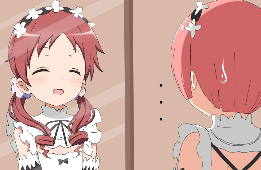 2girls absurdres bare_shoulders blush closed_eyes commentary_request cosplay crossover gochuumon_wa_usagi_desu_ka? headband highres long_hair maid maid_headdress multiple_girls natsu_megumi open_mouth pink_hair poa_mellhen ram_(re:zero) re:zero_kara_hajimeru_isekai_seikatsu red_hair roswaal_mansion_maid_uniform short_hair sweat voice_actor_connection