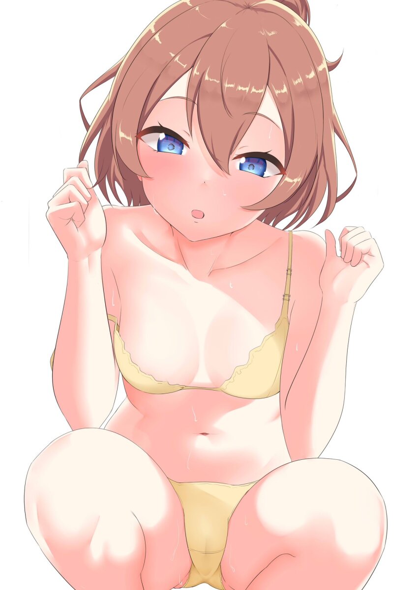 1girl bikini blue_eyes blush bra breasts brown_hair collarbone hair_between_eyes half-closed_eyes hamata_(hensachisun) hands_up heart heart-shaped_pupils highres hinata_chinatsu looking_at_viewer navel ongeki open_mouth panties short_hair sitting small_breasts solo squatting striped_background striped_bra striped_clothes swimsuit symbol-shaped_pupils underwear white_background yellow_bikini yellow_bra yellow_panties