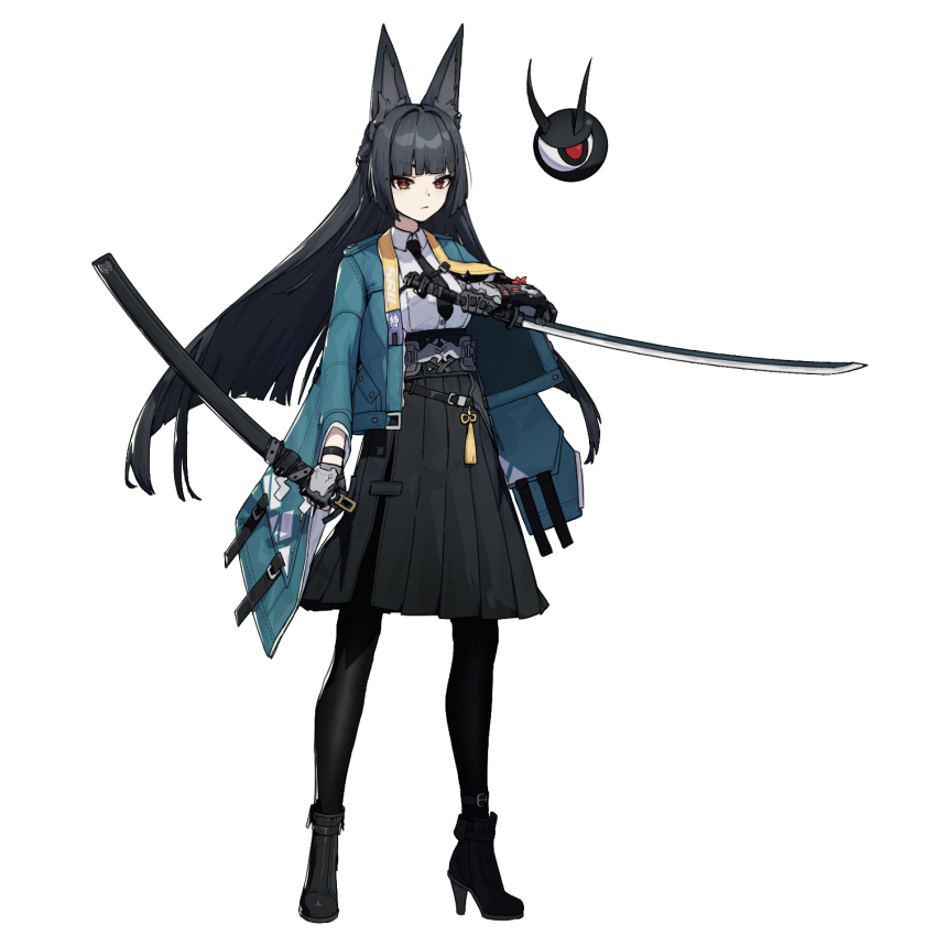 1girl black_boots black_gloves black_hair black_necktie black_pantyhose black_skirt blunt_bangs boots closed_mouth dress_shirt fingerless_gloves full_body gauntlets gloves green_jacket high-waist_skirt highres holding holding_sword holding_weapon hoshimi_miyabi jacket katana long_hair looking_at_viewer necktie pantyhose red_eyes serious shirt sidelocks simple_background skirt solo standing sword tailless_(zenless_zone_zero) weapon white_background white_shirt yikco zenless_zone_zero
