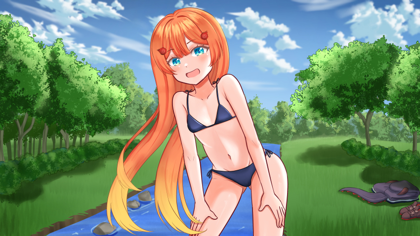1girl absurdres alienmangap belly bikini blonde_hair blue_bikini blue_eyes blush blush_stickers breasts bush cloud cloudy_sky commission flat_chest grass hair_ornament hands_on_own_thighs highres hood hoodie horns knee_up knees_up looking_at_viewer miki_hitsugi multicolored_hair navel nose open_mouth orange_hair outdoors pants river rock shoes shorts sky small_breasts smile solo specialite_(company) specialite_en swimsuit tail thighs tree unworn_pants unworn_shoes unworn_shorts virtual_youtuber water